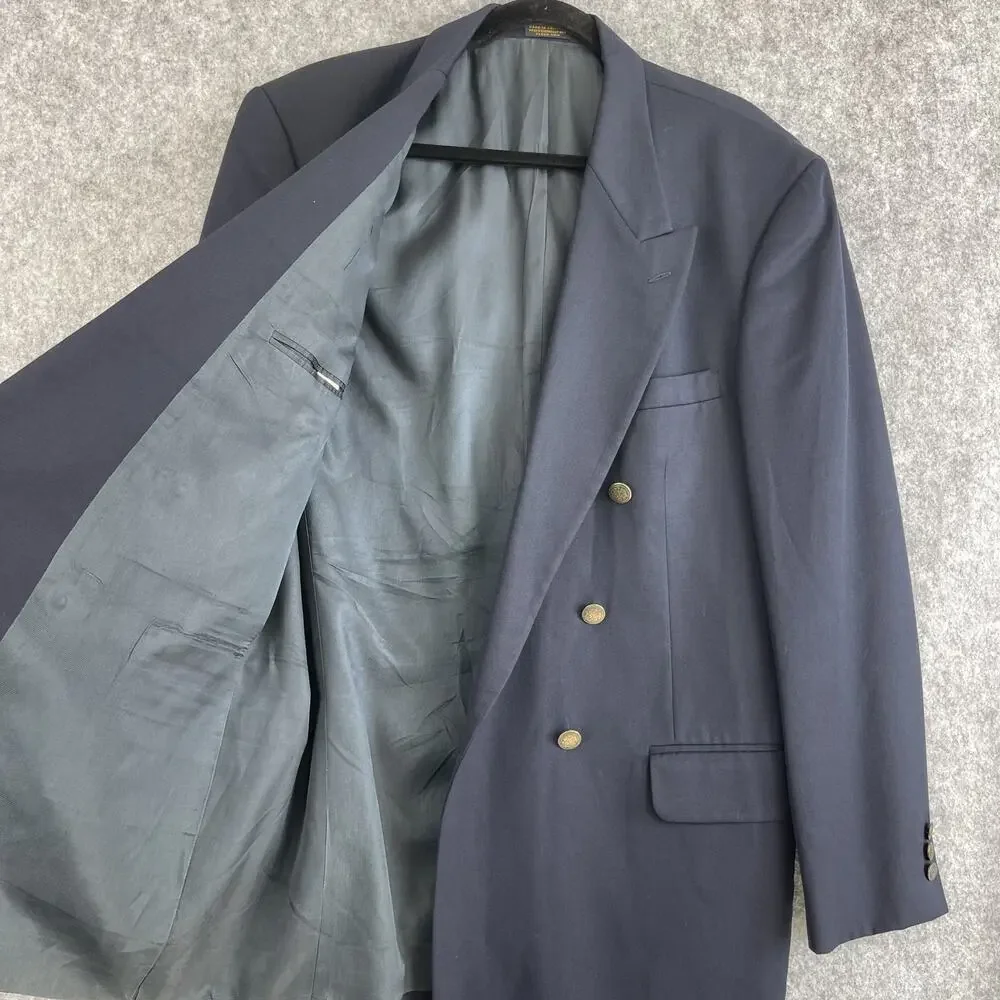 Oscar De La‎ Renta Blazer Jacket Mens 42L Blue Wool Double Breasted Gold Button